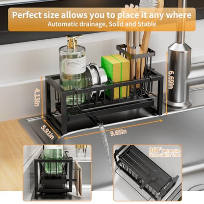 Sponge Holder for Kitchen Sink, 304 Stainless Steel Sink Caddy with Tall Brush Holder & Self-Draining Tray, 3-Compartment Countertop Organizer for Dish Soap Dispenser, Sponge, Scrubber, Black