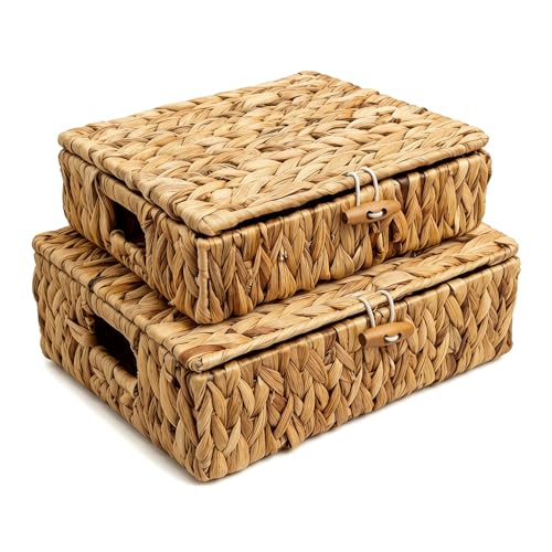 Small Wicker Storage Basket with Lid 2-Pack, Water Hyacinth Woven Baskets | Dustproof design with cover, Natural materials, Handwoven, Built-in handle, Living room, bedroom, utility room, vanity - color: Natural color