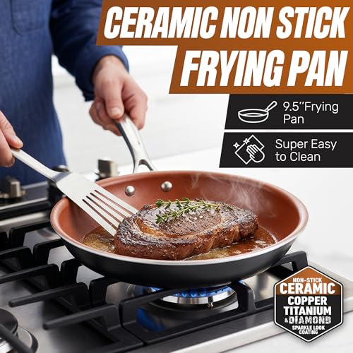 Gotham Steel 12 Pc Ceramic Cookware Set Nonstick, Ceramic Pots and Pans Set Non Stick with Steamer for Cooking, Non Toxic PFOA PFOS Free, Ergonomic Stay Cool Handles, Oven & Dishwasher Safe, Copper | Non Toxic PFOA/PFOS/PTFE Free Ceramic & Titanium Coatin