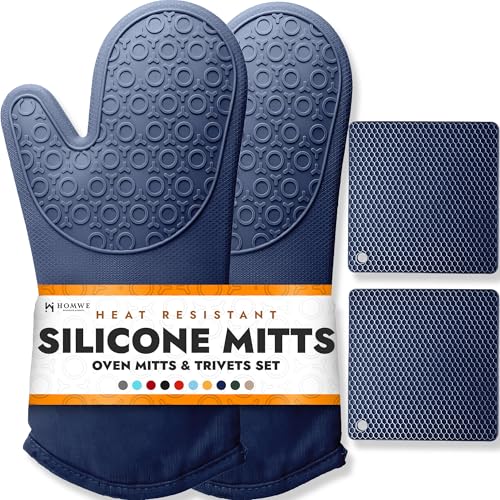 BPA-Free Soft Silicone 4 Piece Oven Mitts & Trivets Set - Ultra Heat Resistant Oven Mitts with Thick Cotton Liner - Long Slip Resistant Pot Holders, Flexible Oven Gloves - Navy - color: Navy Blue, size: 4-Piece Oven Mitts & Trivets Set