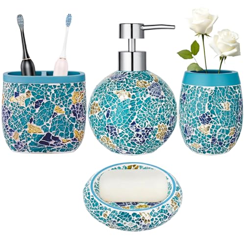 Handmade Blue Mosaic Glass Bathroom Accessory Sets 4PCS Bathroom Accessories Set Complete Includes Lotion Dispenser Toothbrush Holder Tumbler Cup & Soal Dish - color: Blue, size: Soap Dish