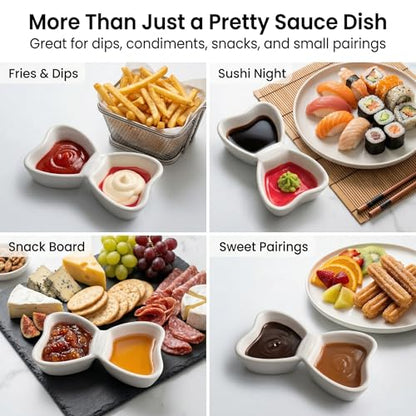 Ceramic Sauce Dishes, 2-Compartment, 2-Pack, Red | Butterfly bowls keep dips in separate wells; 3 oz capacity suits sushi, snacks, appetizers, condiments, and individual sides. - color: Red