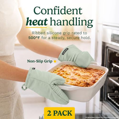 Cuisinart Mini Oven Mitts, 2-Pack 5"x8.5", Heat Resistant 500F | Compact pot holder for baking, air fryer, and cookware, silicone non-slip grip, hanging loop, fits either hand, wipes clean - color: Mint Green