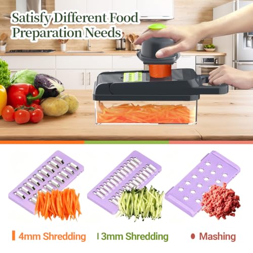 12-in-1 Vegetable Chopper 7 Blades, Veggie Cutter with Handle, Black/Purple | Stainless Steel Blades, Food Container and Lid, Dicer, Slicer, Julienne, Egg Separator, Non-slip Base, Include Cleaning Tools - color: Purple, size: 7 blades