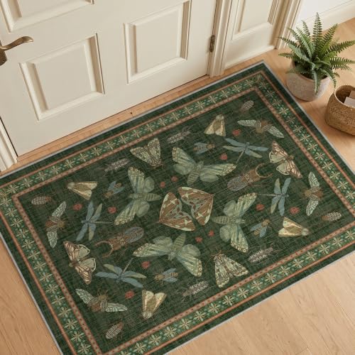 Arenarug Entry Way Rugs 2x3 Indoor Door Mat Non Slip Front Small Rug Washable Insect Boho Throw Rug for Entrance, Kitchen, Bathroom, Dark Green - color: Dark Green, size: 2'x3'