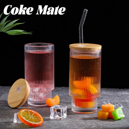 4 Pcs 15 Oz Glass Cups With Bamboo Lid And Straw, Clear Vintage Ribbed Drinking Glass Tumbler, Iced Coffee Cups For Juice, Cocktail, Beer, and Water
