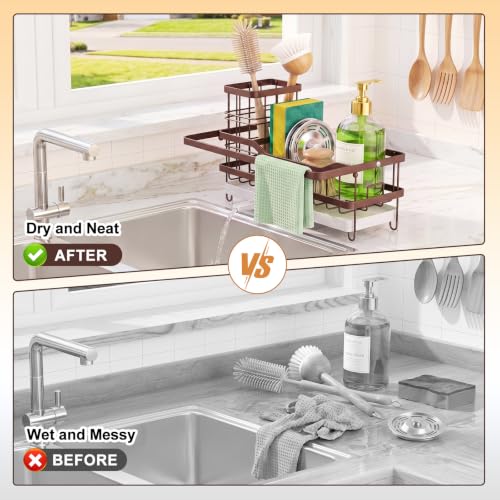 Sponge Holder for Kitchen Sink, Self-draining Sink Caddy with Towel Rack and Brush Holder, Metal Kitchen Countertop Organizers and Storage Essentials, Bronze - color: Bronze
