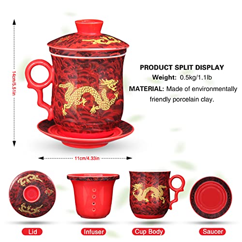 Chinese Tea Cup with Lid, Dragon Pattern, Red, 11.8 fl oz (350ml) | Ceramic tea mug with infuser and lid, dragon tea cup design, matching saucer, removable strainer, for loose-leaf brewing - color: Red