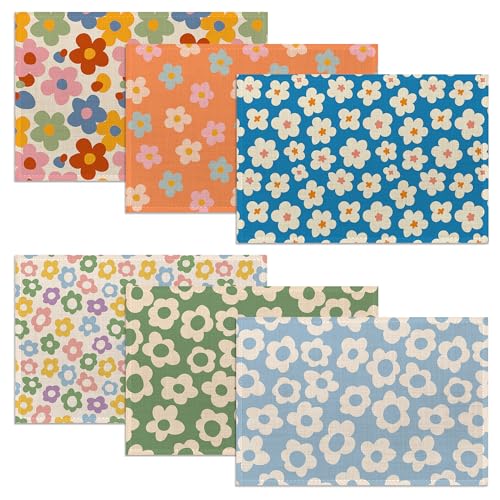 Vintage Groovy Flowers Placemats Set of 6, 12x18 Inch Waterproof Stain Resistant Linen Table Placemats Summer Seasonal Farmhouse Kitchen Party Decor Home Decor - color: Vintage Groovy Flowers