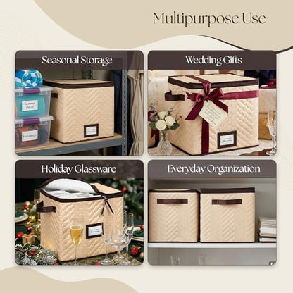 Wine Glass Storage Box with Dividers, Holds 12 Champagne Flute 3" Wide | 2 Pack, Stemware Storage Case, Protects Fine China, Durable Quilted Microfiber, Carry Handles, Ideal for Champagne Flute - size: Champagne Flute, style: 2 Pack
