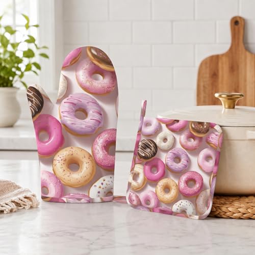 Groovy Donuts Oven Mitts and Pot Holders Sets Silicone Kitchen Mitts Potholders Heat Resistant Oven Gloves Hot Pads for Kitchen Baking Cooking - color: Groovy Donuts
