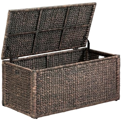 Wicker Storage Trunk, Brown Wash, 42x20x18.5 | 2 Safety Hinges, Metal Frame, Heavy-duty, Water Hyacinth - color: Brown Wash, size: 42" x 20"