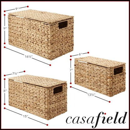 Casafield Set of 3 Water Hyacinth Storage Baskets with Lids, Natural - Small, Medium, Large Woven Nesting Bins for Bathroom, Bedroom, Closets, Shelves