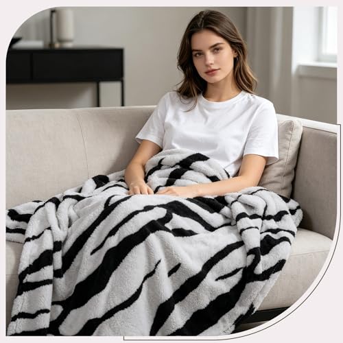Zebra Printed Fleece Throw Blanket-Cozy Soft Lightweight Fuzzy Throw Blanket for Sofa, Couch, Bed & Chair,Black and Gray, 50" x 70" - color: Black and Gray