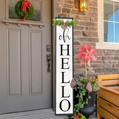 Oh Hello Porch Welcome Sign for Front Door Decor, 45"X9", Black | Wooden Framed, Vertical Standing Tall, Rustic Farmhouse Style, Front Door Outdoor Decor - color: Oh Hello Sign (Black), size: 45"X9"
