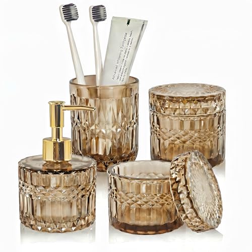 LaMarriti Brown Bathroom Accessories Set, 4Pcs Clear Glass Bathroom Set, Soap Dispenser and Toothbrush Holder Set, Qtips Holder, Soap Dish for Crystal Modern Bathroom Decor, Countertop Organizer - color: 4 Pcs Brown
