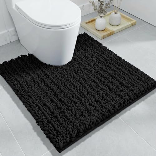 Disolla Toilet Rug 24x24 Inch - Black U-Shaped Bathroom Floor Mat, Soft Shaggy Plush Absorbent Chenille Contour Rug, Non-Slip Washable Pedestal Base Rug - color: Black, size: 2' x 2' (24''x24'' Toilet Rug)