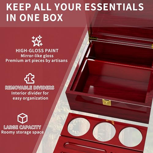 Large Wooden Box Decorative Storage Box with Lock & Accessories - Premium Stash Box with 2 Glass Jar, Brushes,Tubes,Keepsake Memory Treasure Box for DIY Crafts Photo Storage Gifts Birthday Christmas