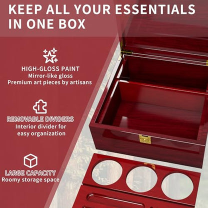 Large Wooden Box Decorative Storage Box with Lock & Accessories - Premium Stash Box with 2 Glass Jar, Brushes,Tubes,Keepsake Memory Treasure Box for DIY Crafts Photo Storage Gifts Birthday Christmas