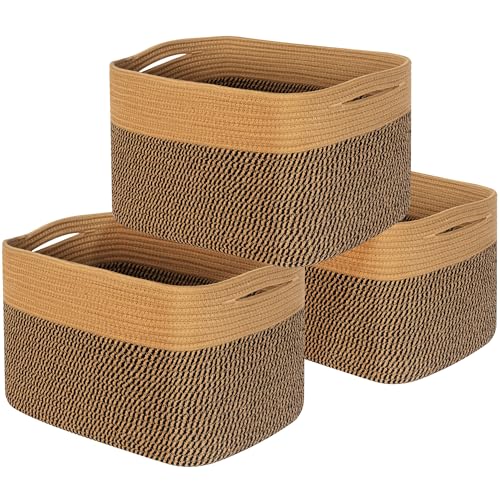 3-Pack Storage Baskets for Shelves, Decorative Baskets for Organizing, Woven Baskets for Storage, Book Basket Cube Storage Bin Box, Pantry Closet and Shoe Organizers, Black Jute - color: Brown / Black