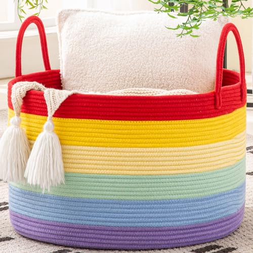 KAKAMAY Large Blanket Basket with Handles, Storage Basket for Living Room | Extra Large Capacity | Natural Cotton Rope | Blanket Storage | Woven Storage Basket | Stuffed Animal Storage | Laundry Basket - color: Rainbow
