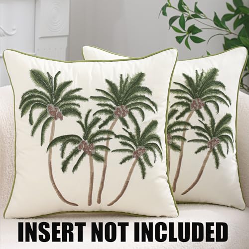 Embroidered Throw Pillow Covers 18x18 Pack of 2 Green Coconut Trees | Ocean-Themed,Durable Fabric,Square Pillow Cover,Boho Decorative,Hidden Zipper,Aesthetic Design,Ideal Gift,Machine Washable - color: Green Coconut Palm Trees