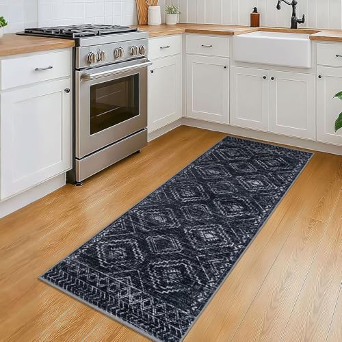 KILOCOCO Washable Runner Rug 2x5 ft Hallway Runners, Blue-Black | Non Slip Runner Rug, Printed Kitchen Runner Rug, Low-Pile Entryway Runners, Soft Geometric Rugs for Bedroom Hall Living Room - color: Black/Navy/White, size: 2' x 5' (Runner)
