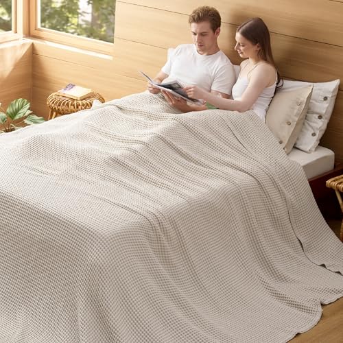 Bedsure Lightweight 100% Cotton Waffle Blanket, Oversized King, Linen | Summer, Breathable, Soft, Comfort, Light, Thin, Textured, Bed, Couch, Sofa, Chair, 120"x94", Sheet Blanket, Cozy Gifts - color: Linen, size: Oversized King (120" X 94")