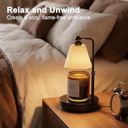 Candle Warmer Lamp with Timer, Dimmable, Adjustable Height, Modern Farmhouse Linen Shade, Black Candle Warming Lamp for Up to 6-Inch Jar Candles, 2 Bulbs Included - color: Flaxen-Conical