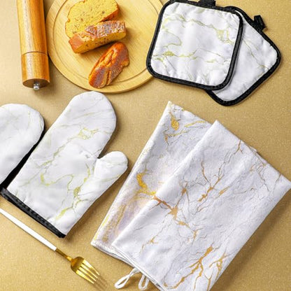 Sratte 6 Pcs Farmhouse Marble Kitchen Towels Pot Holders Oven Mitts Set 2 Dish Towels 2 Potholders 2 Cooking Mittens Oven Glove for Cooking Baking Grilling Supply (White, Gold) - color: White, Gold