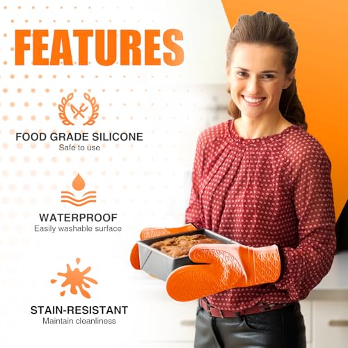 Silicone Oven Mitts, Heat Resistant 2PCS Oven Mitts with Soft Cotton Lining, Waterproof Non-Slip Grip Oven Glove, Kitchen Potholder Mits for BBQ, Baking, Cooking, 12.5 Inch - Orange - color: Orange