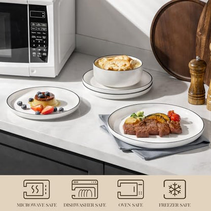 MALACASA Plates and Bowls Sets, 24 Pieces Modern Porcelain Dinnerware Set for 8 White Kitchen Dinner Dining Ware Set wtih Black Rim Ceramic Dishware Dishes Microwave and Dishwasher Safe, Series LUNA | Modern Ceramic Dishware Set,Kitchen Dining Ware,Microw