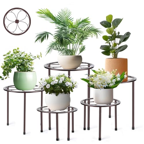 Amaoot 5 Pack Metal Plant Stand, Iron Plant Stands for Indoor and Outdoor | Flower Pot Stands for Multiple Plant, Black Potted Plant Holder for Garden Home - color: 5 Pack Brown