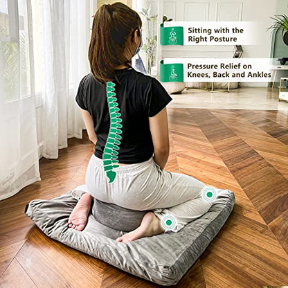 Hihealer Meditation Cushion, Traditional Tibetan Meditation Pillow Velvet Cover - Large Floor Cushion Seating for Adults - Yoga Buckwheat Bolster for Women、Moms - color: Sliver Grey(set)