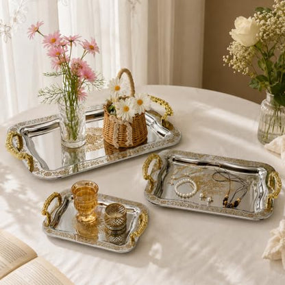 3 Pcs Silver Serving Trays with Handles | Metal Decorative Floral Rectangle Tray Set for Coffee Tea Dessert, Silver & Gold Platter for Buffet Wedding Home Decor