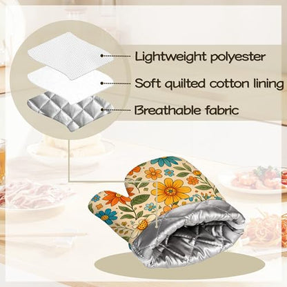 Retro 70s Boho Floral Oven Mitts and Pot Holders Sets of 4, Heat Resistant Silicone Oven Mitts Gloves Non-Slip Kitchen Mittens Potholders for Cooking Baking Grilling BBQ - color: Boho Floral
