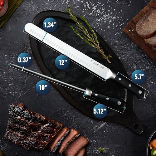 Cutluxe BBQ Carving Set, 12" Brisket Knife & 10" Honing Rod for Meat | Butcher Slicing Blades, Ultra Sharp German Steel, Ergonomic Pakkawood Handles – Artisan Series - size: 2 Pcs Brisket Knife Set
