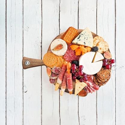 Ironwood Acacia Wood Provencale Paddleboard, 16" x 20" Round Serving Board | Extra Large Round Cutting Board With Handle | Beautiful Acacia Wood | Large Charcuterie Board | Grommet For Hanging & Drying - size: 20.3"L x 16"W