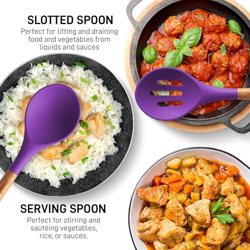 Zulay Kitchen 5 Piece Silicone Utensil Set | Non-Stick Silicone Cooking Utensils Set with Acacia Wood Handles - 464°F Heat Resistance Kitchen Utensils Set - Purple - color: Purple, size: 5-Piece Set