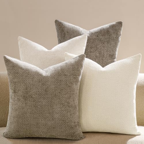 Textured Chenille Pillow Covers 20x20, Pack of 4, Light Brown | Soft textured chenille - color: Neutral Light Brown, size: 20" x 20" (Pack of 4)