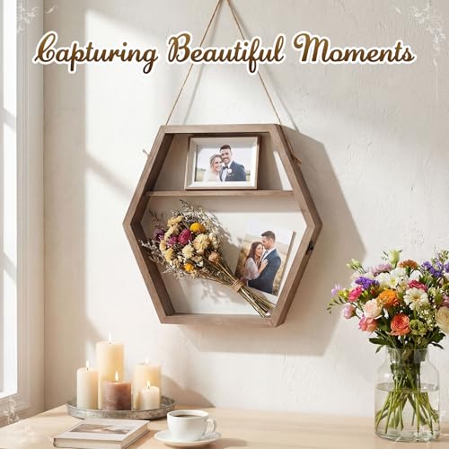 16 Inch Huge Wooden Shadow Box Frame with Acrylic Panel, Shelves, Hangable Brown Deep Shadow Boxes Memory Display Cases with Lanyard and Metal Hook for Wedding Keepsakes, Photos (Hexagonal) - style: Hexagonal