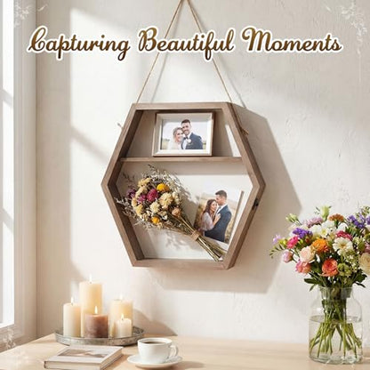 16 Inch Huge Wooden Shadow Box Frame with Acrylic Panel, Shelves, Hangable Brown Deep Shadow Boxes Memory Display Cases with Lanyard and Metal Hook for Wedding Keepsakes, Photos (Hexagonal) - style: Hexagonal