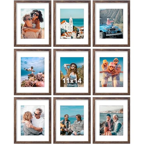 Vittanly 11x14 Picture Frames Set of 9 for Wall Mounting, Brown | Display Pictures 8x10 with Mat or 11x14 without Mat, Engineered Wood with Shatter Resistant Plexiglass, Gallery Photo Frames - color: Brown, size: 11x14