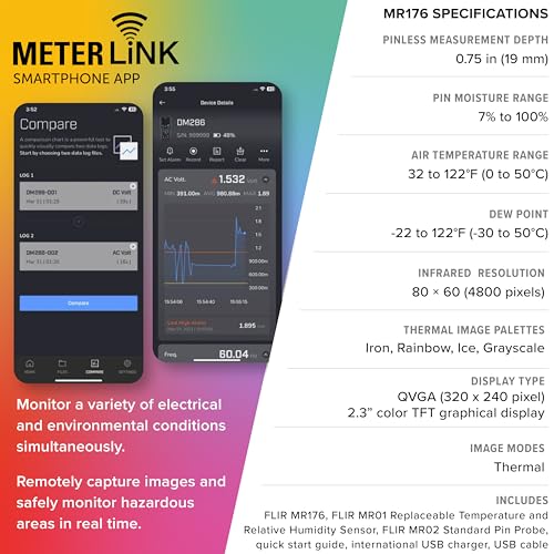 FLIR MR176 - Thermal Imaging Moisture Meter - with IGM (Infrared Guided Measurement), Replaceable Hygrometer, Pin and Pinless | Built-in thermal camera, replaceable hygrometer, IGM guidance, field temp/RH sensor, moisture diagnostics - style: MR176