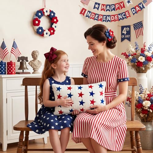 Tiamon 4 Pcs Patriotic 4th of July Throw Pillow Covers 11.8 x 19.7 Inch Red White Blue Stars Plush 3D Embroidered Pillow Cases USA Flag Independence Veteran's Day Cushion Covers for Bed Sofa Couch - style: Patriotic Rectangle