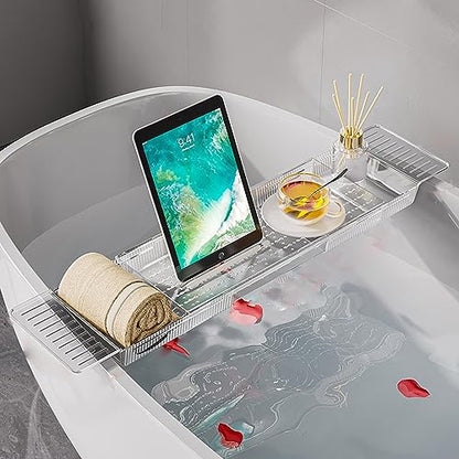 Bathtub Tray Table, Adjustable Bath Tray for Tub, Bath Accessories, Deluxe Bathroom SPA Bath Tray, Expandable Drain Bath Shelf Caddy Tray with Anti-Slip mat, Fits Most Tubs(Transparent) - color: Transparent