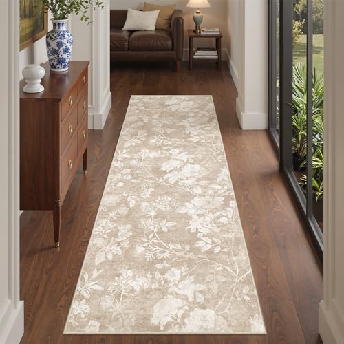 Soalmost Floral Runner Rug 2x6 for Hallway, Washable Soft Neutral Rug Tan | Vintage Oriental Low-Pile Non-Slip Thin Throw Kitchen Carpet Runner for Entryway Bathroom Laundry Room Bedroom 2'x6' - color: Floral Tan, size: 2' x 6' (Runner)