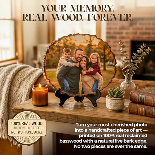 Custom Photo Frame Personalized Photo Prints on Rustic Live Edge Wood | Reclaimed basswood with real bark, optional engraved back message, wall hardware or easel, rustic farmhouse decor