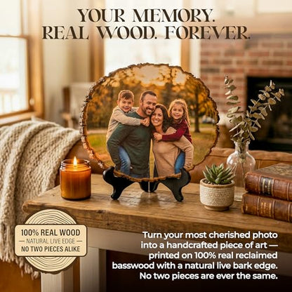Custom Photo Frame Personalized Photo Prints on Rustic Live Edge Wood | Reclaimed basswood with real bark, optional engraved back message, wall hardware or easel, rustic farmhouse decor