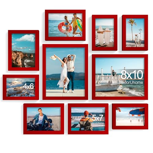 decorUhome 10 Pack Assorted Picture Frame Set for Wall & Tabletop, P0710RD | Red, Multi Size Picture Frame Includes Two 8x10 / Four 5x7 / Four 4x6 for Family Gallery Wall - color: Red